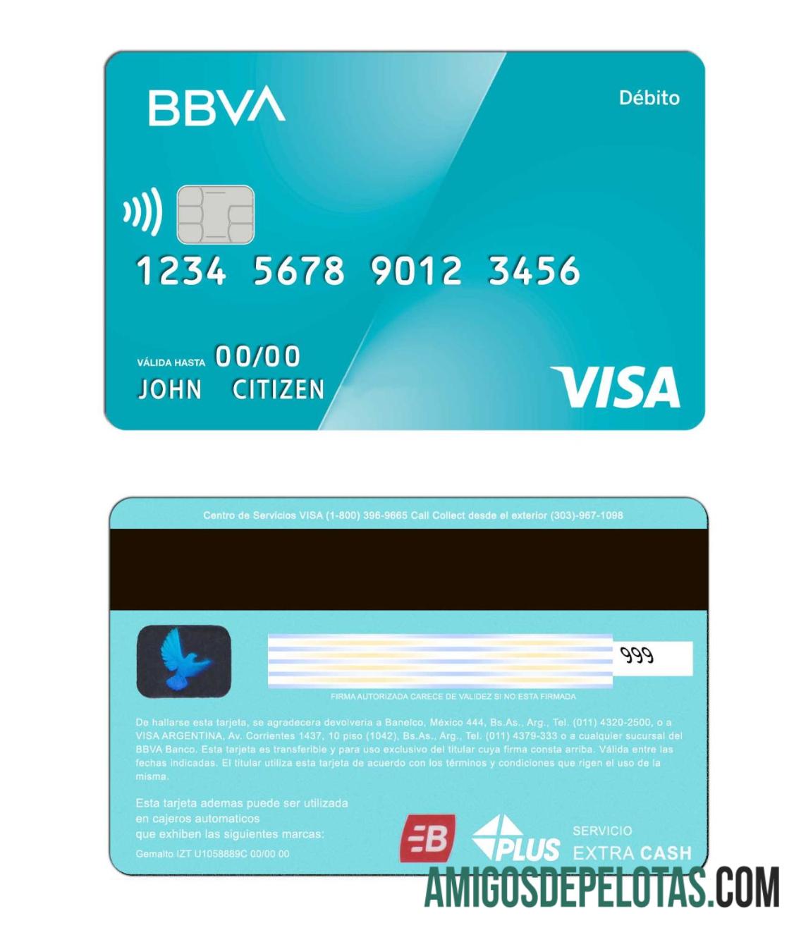 Cartão de débito Visa do banco Argentina BBVA amostra